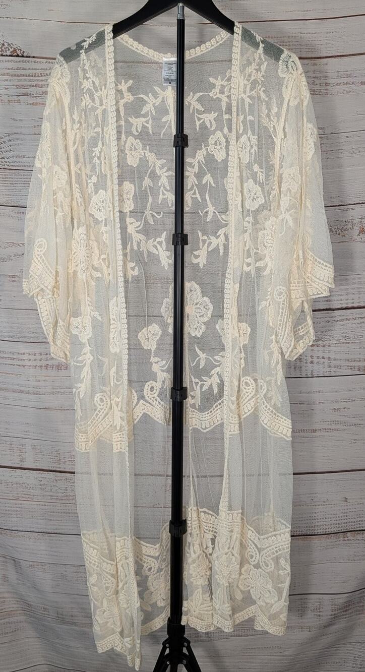 Cream Lace Duster Cardigan L XL Sheer Embroidered Floral Kimono Boho Cottagecore